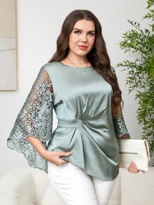 Reflora Plus Size Sage Green Elegant Sheer Long Sleeve Shirt, Autumn Women's Blouses, Minimalist Solid Color Tops For Wedding Formal Office Party Events Fall - Green - View 6