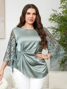 Reflora Plus Size Sage Green Elegant Sheer Long Sleeve Shirt, Autumn Women's Blouses, Minimalist Solid Color Tops For Wedding Formal Office Party Events Fall - Green - View 4