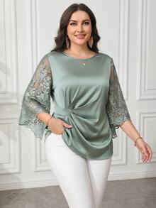Reflora Plus Size Sage Green Elegant Sheer Long Sleeve Shirt, Autumn Women's Blouses, Minimalist Solid Color Tops For Wedding Formal Office Party Events Fall - Green - View 2