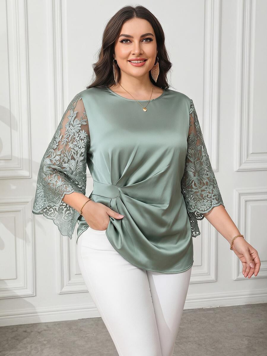 Reflora Plus Size Sage Green Elegant Sheer Long Sleeve Shirt, Autumn Women's Blouses, Minimalist Solid Color Tops For Wedding Formal Office Party Events Fall