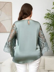 Reflora Plus Size Sage Green Elegant Sheer Long Sleeve Shirt, Autumn Women's Blouses, Minimalist Solid Color Tops For Wedding Formal Office Party Events Fall - Green - View 3