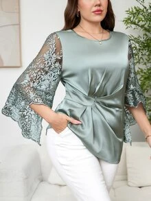 Reflora Plus Size Sage Green Elegant Sheer Long Sleeve Shirt, Autumn Women's Blouses, Minimalist Solid Color Tops For Wedding Formal Office Party Events Fall - Green - View 7