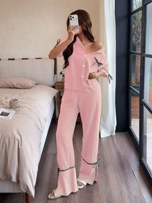Dream Adore 藝術復古條紋繫帶居家服套裝，經典翻領短袖長褲套裝 - 彩色 - 查看 7