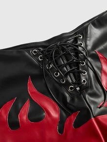 ROMWE Grunge Punk Summer Music Festival Punk Colorblock Flame Embroidery Ultra Low Waist Skinny PU Shorts - Black - View 4
