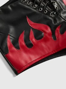 ROMWE Grunge Punk Summer Music Festival Punk Colorblock Flame Embroidery Ultra Low Waist Skinny PU Shorts - Black - View 5