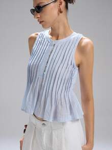 LYSMO Nuevo Llegado 2025 Mujer Blusa sin mangas de lino con volante en la cintura, Estilo casual simple, Vacaciones - Azul - Ver 3