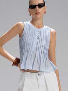LYSMO Nuevo Llegado 2025 Mujer Blusa sin mangas de lino con volante en la cintura, Estilo casual simple, Vacaciones - Azul - Ver 7