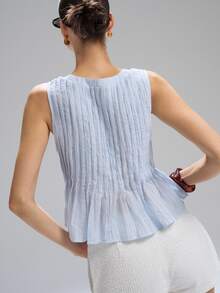 LYSMO Nuevo Llegado 2025 Mujer Blusa sin mangas de lino con volante en la cintura, Estilo casual simple, Vacaciones - Azul - Ver 2