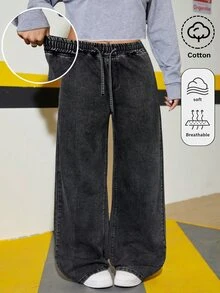 SHEIN 青少年女孩抽繩腰寬腿寬鬆休閒牛仔長褲 - 黑色 - 查看 1
