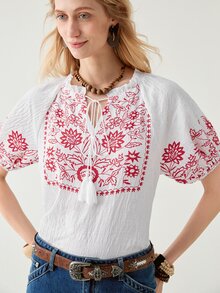 Florisole 女式夏季休闲波西米亚风流苏印花白衬衫 - 白色 - 查看 3