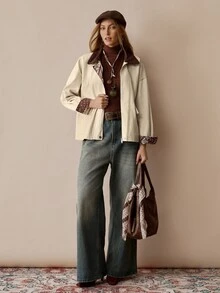 Florisole Women's Vintage Patchwork Collar Textured Dual Pocket Loose Fit Long Sleeve Khaki Jacket, Winter - Khaki - View 4
