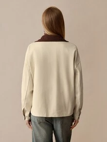 Florisole Women's Vintage Patchwork Collar Textured Dual Pocket Loose Fit Long Sleeve Khaki Jacket, Winter - Khaki - View 2