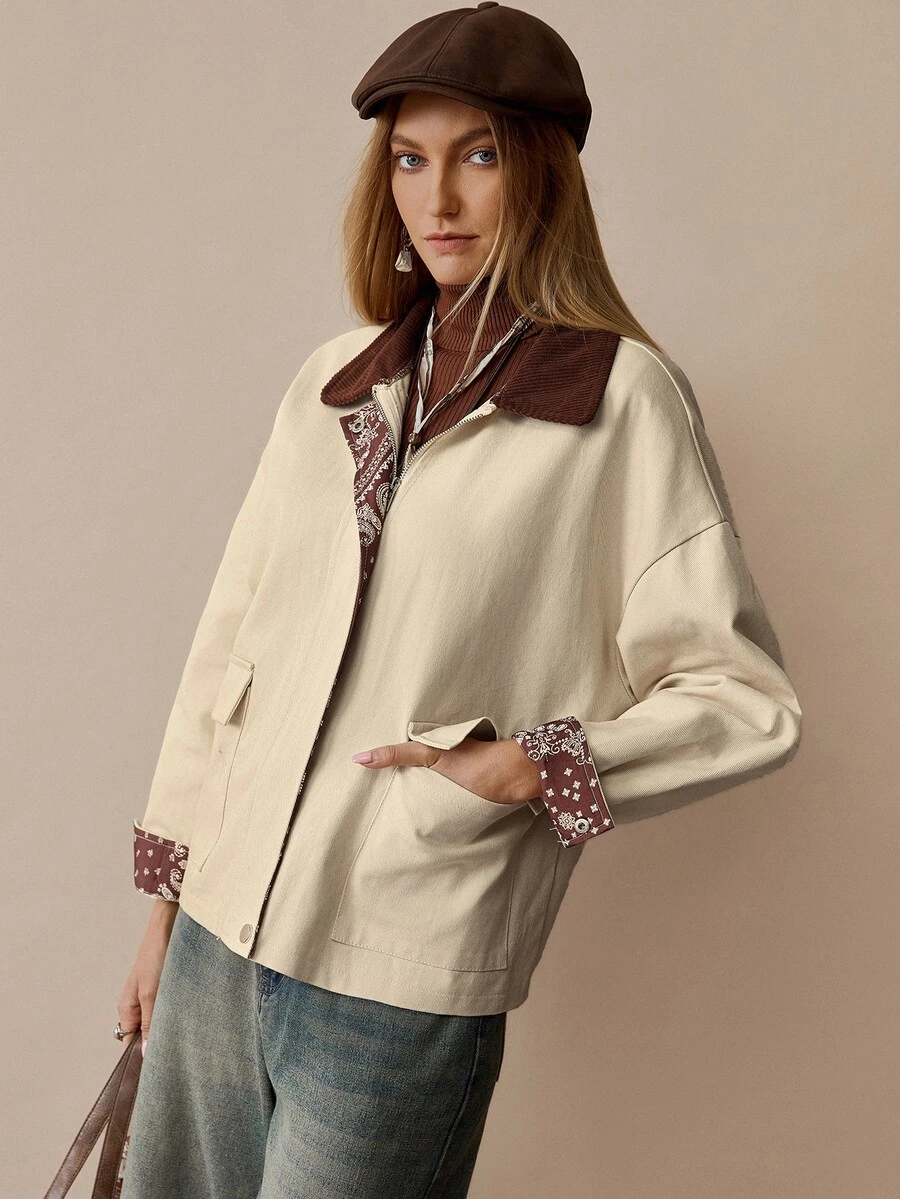 Florisole Women's Vintage Patchwork Collar Textured Dual Pocket Loose Fit Long Sleeve Khaki Jacket, Winter - Khaki - View 1