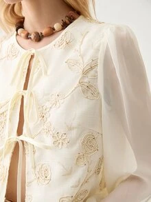 Florisole Round Neck Tie-Up Embroidery Casual Shirt, Yellow, Spring/Summer Fall Cloth For Women - Yellow - View 6
