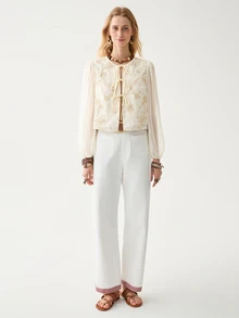 Florisole Round Neck Tie-Up Embroidery Casual Shirt, Yellow, Spring/Summer Fall Cloth For Women - Yellow - View 3