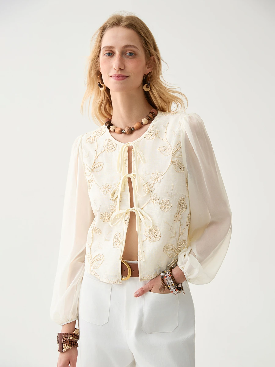 Florisole Round Neck Tie-Up Embroidery Casual Shirt, Yellow, Spring/Summer Fall Cloth For Women - Yellow - View 1