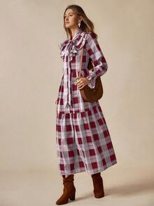 Florisole Women's Casual Plaid Frill Trim Long Sleeve Dress, Suitable For Vacation Romantic - Red - View 4