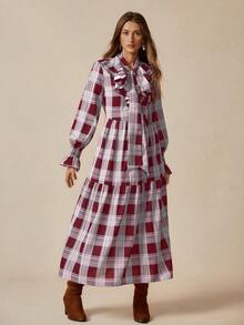 Florisole Women's Casual Plaid Frill Trim Long Sleeve Dress, Suitable For Vacation Romantic - Red - View 5