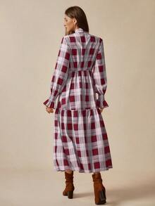 Florisole Women's Casual Plaid Frill Trim Long Sleeve Dress, Suitable For Vacation Romantic - Red - View 2