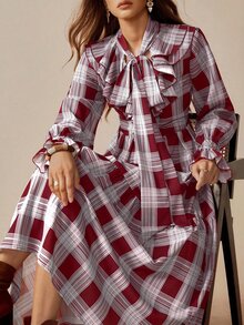 Florisole Women's Casual Plaid Frill Trim Long Sleeve Dress, Suitable For Vacation Romantic - Red - View 3