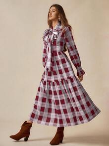 Florisole Women's Casual Plaid Frill Trim Long Sleeve Dress, Suitable For Vacation Romantic - Red - View 6