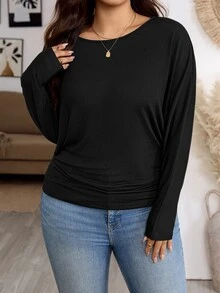 SHEIN VCAY Plus Solid Ruched Tee - Black - View 3