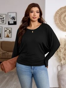 SHEIN VCAY Plus Solid Ruched Tee - Black - View 6