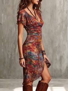 SHEIN Franclia Women's Vintage Western Tie-Dye Print Deep V-Neck Slit Asymmetrical Hem Dress - Multicolor - View 4