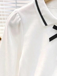 Elladie kids Young Girls 3pcs Bow Long Sleeve Polo Shirts, Striped Stand Collar Exquisite Round Buttons, Long Sleeve T-Shirts, Basic Solid Color Fitted T-Shirts, Suitable For Back To School Season - Multicolor - View 6