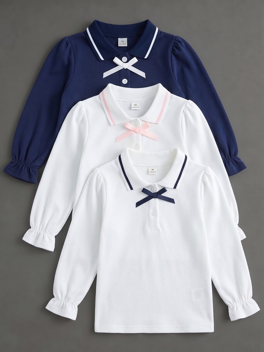 Elladie kids Young Girls 3pcs Bow Long Sleeve Polo Shirts, Striped Stand Collar Exquisite Round Buttons, Long Sleeve T-Shirts, Basic Solid Color Fitted T-Shirts, Suitable For Back To School Season - Multicolor - View 1