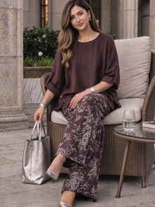 Lacomfia Women's Round Neck Long Sleeve Loose Wide Leg Printed Casual Comfortable Plus Size 2 Pieces Set Fall - Multicolor - View 1