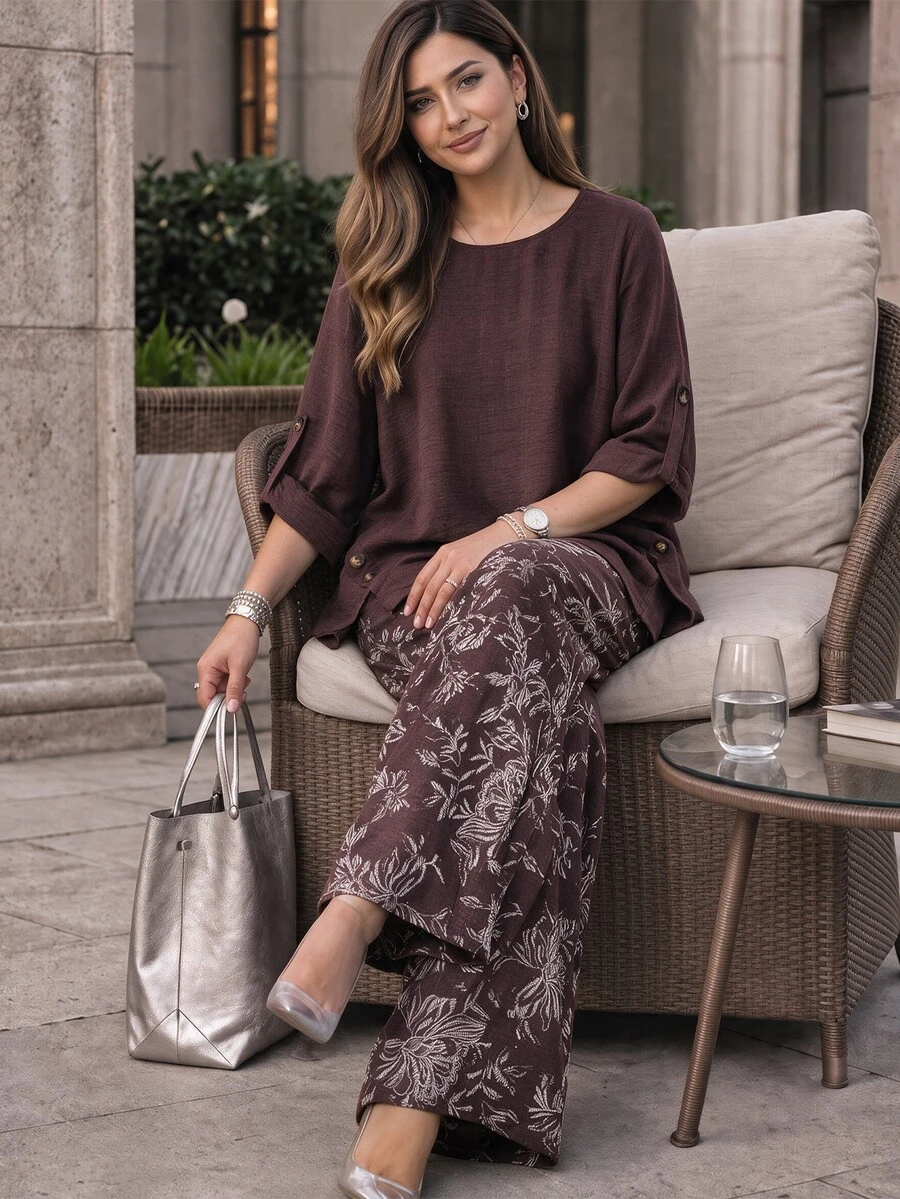 Lacomfia Women's Round Neck Long Sleeve Loose Wide Leg Printed Casual Comfortable Plus Size 2 Pieces Set Fall - Multicolor - View 1