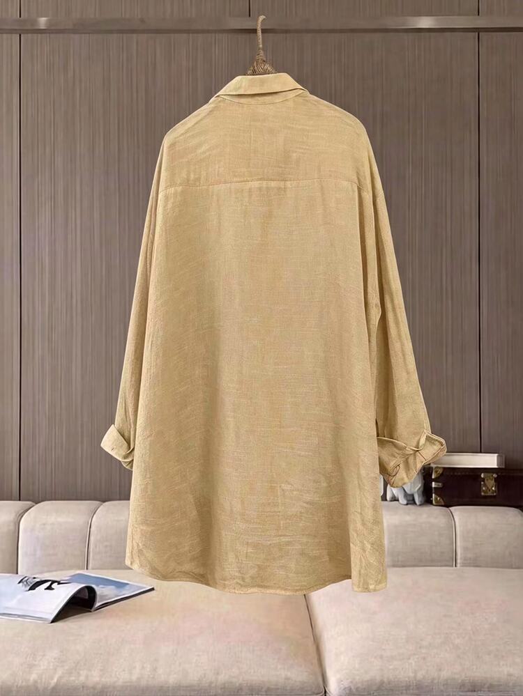 Franclia 大尺碼女款純色口袋翻領休閒襯衫，簡約優雅，百搭時尚舒適，適合秋季 - 駝色 - 查看 2