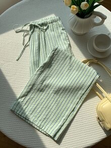 SHEIN EZwear 薄荷绿加大码女式条纹系带裤，春夏款 - 薄荷綠 - 查看 4