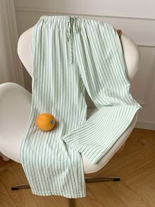 SHEIN EZwear 薄荷绿加大码女式条纹系带裤，春夏款 - 薄荷綠 - 查看 5