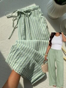 SHEIN EZwear 薄荷绿加大码女式条纹系带裤，春夏款 - 薄荷綠 - 查看 1