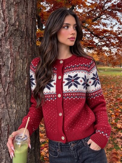 Autumina Red Fair Isle Style Loose Casual Fashion Romantic Vintage Cardigan For Women