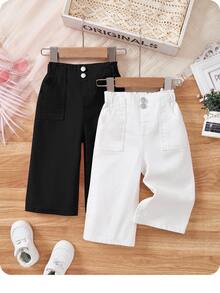 SHEIN 2pcs/Set Baby Girl White And Black Loose Straight Leg Jeans,Spring And Summer Casual Vacation Country Boho Wear, Beach For,Western Street Wear,Spring Break,Rave Festival Denim Pants - Multicolor - View 2