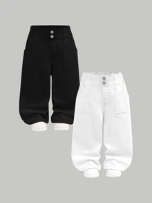 SHEIN 2pcs/Set Baby Girl White And Black Loose Straight Leg Jeans,Spring And Summer Casual Vacation Country Boho Wear, Beach For,Western Street Wear,Spring Break,Rave Festival Denim Pants - Multicolor - View 9