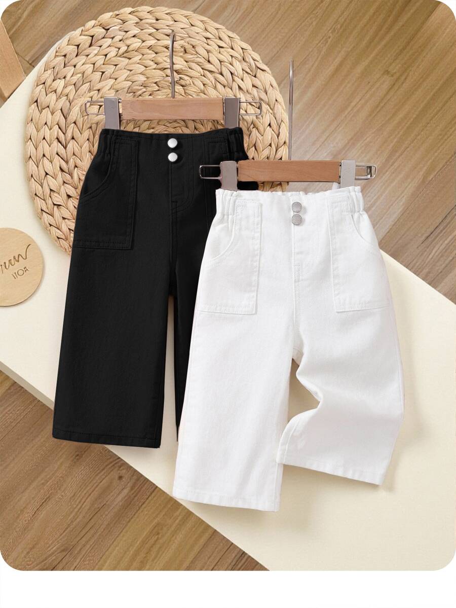 SHEIN 2pcs/Set Baby Girl White And Black Loose Straight Leg Jeans,Spring And Summer Casual Vacation Country Boho Wear, Beach For,Western Street Wear,Spring Break,Rave Festival Denim Pants - Multicolor - View 1