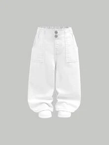 SHEIN 2pcs/Set Baby Girl White And Black Loose Straight Leg Jeans,Spring And Summer Casual Vacation Country Boho Wear, Beach For,Western Street Wear,Spring Break,Rave Festival Denim Pants - Multicolor - View 8