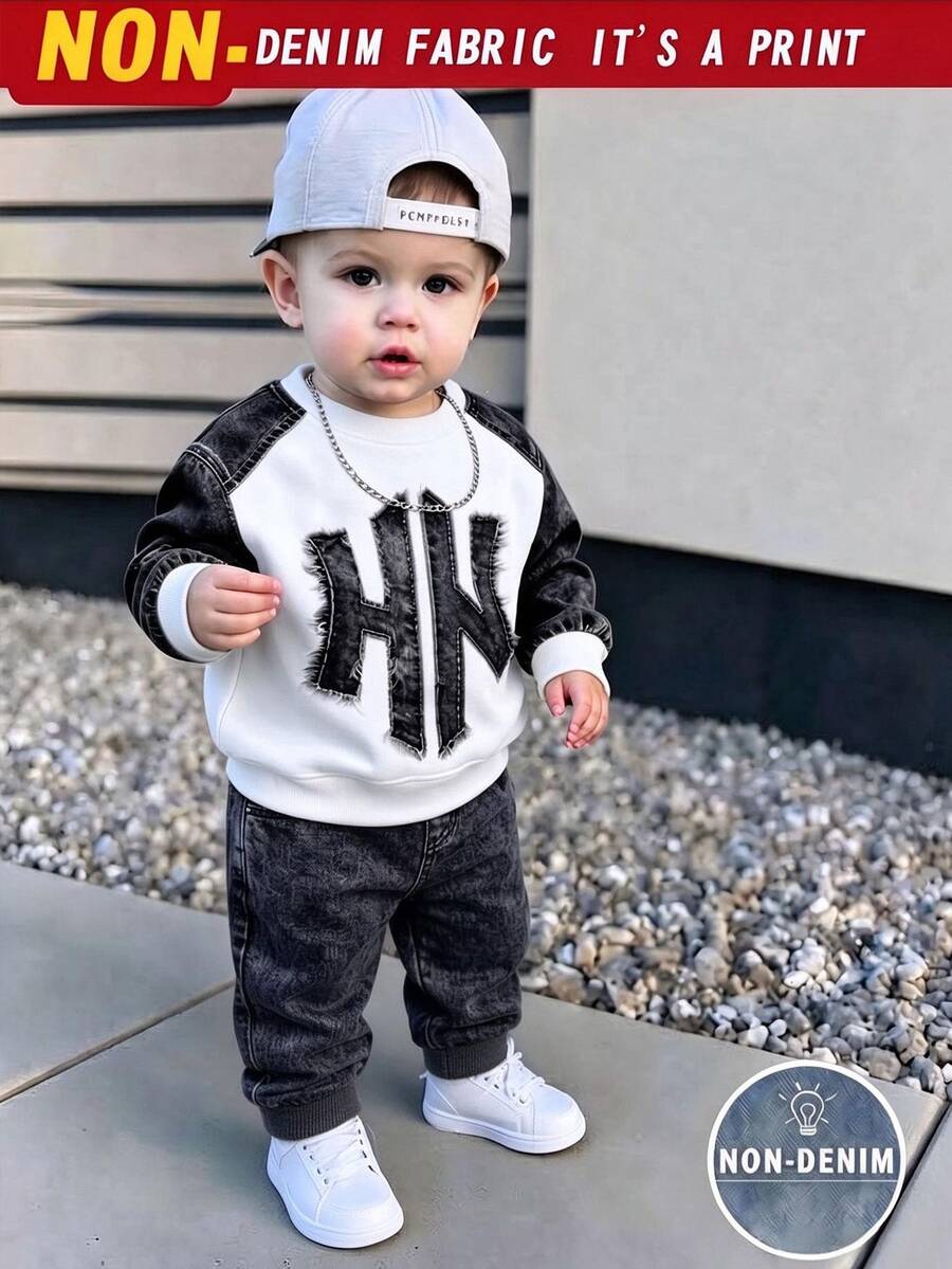 SHEIN 2件組男嬰休閒3D字母印花圓領抓絨衛衣與配套抓絨運動長褲套裝，適合秋冬穿著 - 彩色 - 查看 1