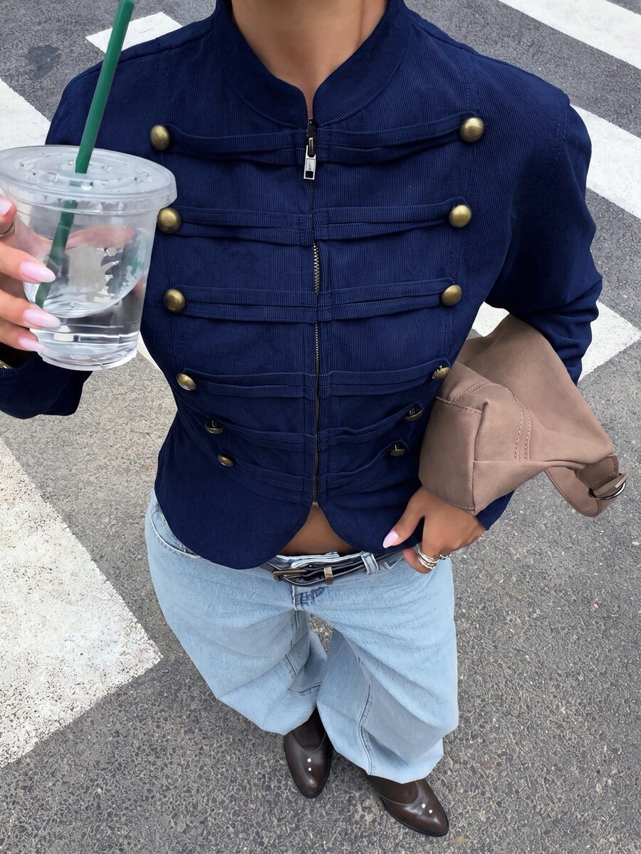Muchica 女款純色鉚釘裝飾拉鍊休閒百搭日常旅行長袖夾克 - 藏蓝色 - 查看 1