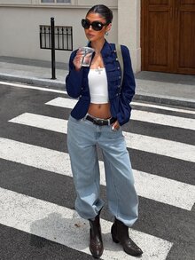 Muchica 女款純色鉚釘裝飾拉鍊休閒百搭日常旅行長袖夾克 - 藏蓝色 - 查看 6