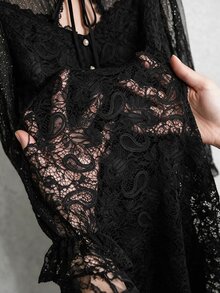 SHEIN LUNE 大尺碼女款網紗拼接優雅收腰派對雞尾酒洋裝 秋季黑色 - 黑色 - 查看 10