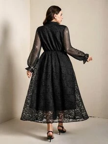 SHEIN LUNE 大尺碼女款網紗拼接優雅收腰派對雞尾酒洋裝 秋季黑色 - 黑色 - 查看 8