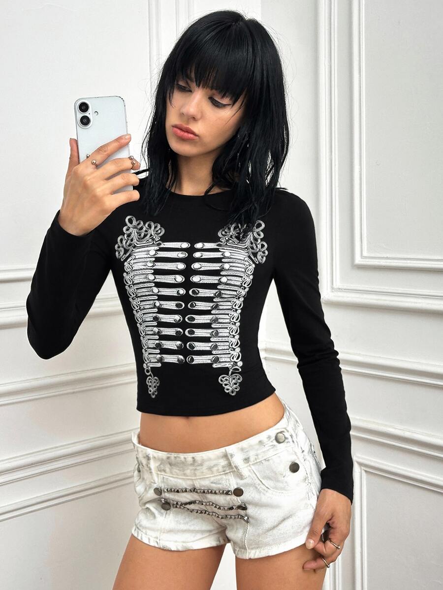 CHAOSSORY CHAOSSORY ملابس علوية علوية قصيرة ضيقة بأكمام طويلة بنمط كورسيه وأزرار نابوليون، ستايل بانك قوطي داكن من التسعينيات وY2K، باللونين الأسود والأبيض، لليلة الهالوين والخريف - الأسود - مشاهدة 1
