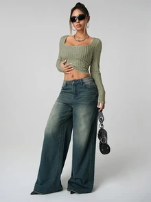 SHEIN ICON 女士纯色长袖简约罗纹休闲 Y2K 方领假日雪地女士米色舒适上衣，日常穿着 - 軍綠色 - 查看 6