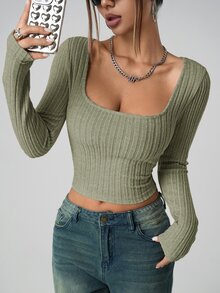 SHEIN ICON 女士纯色长袖简约罗纹休闲 Y2K 方领假日雪地女士米色舒适上衣，日常穿着 - 軍綠色 - 查看 4