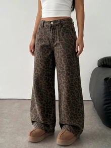 SHEIN 少女豹紋口袋彎擺寬鬆休閒牛仔長褲 - 彩色 - 查看 4